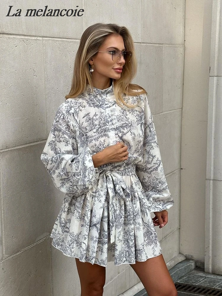 White Dresses Women Elegant Chic Retro Printed Mini Dress 2024 Summer Stand Collar Bubble Sleeve Vintage Lace-Up Pleated Dress