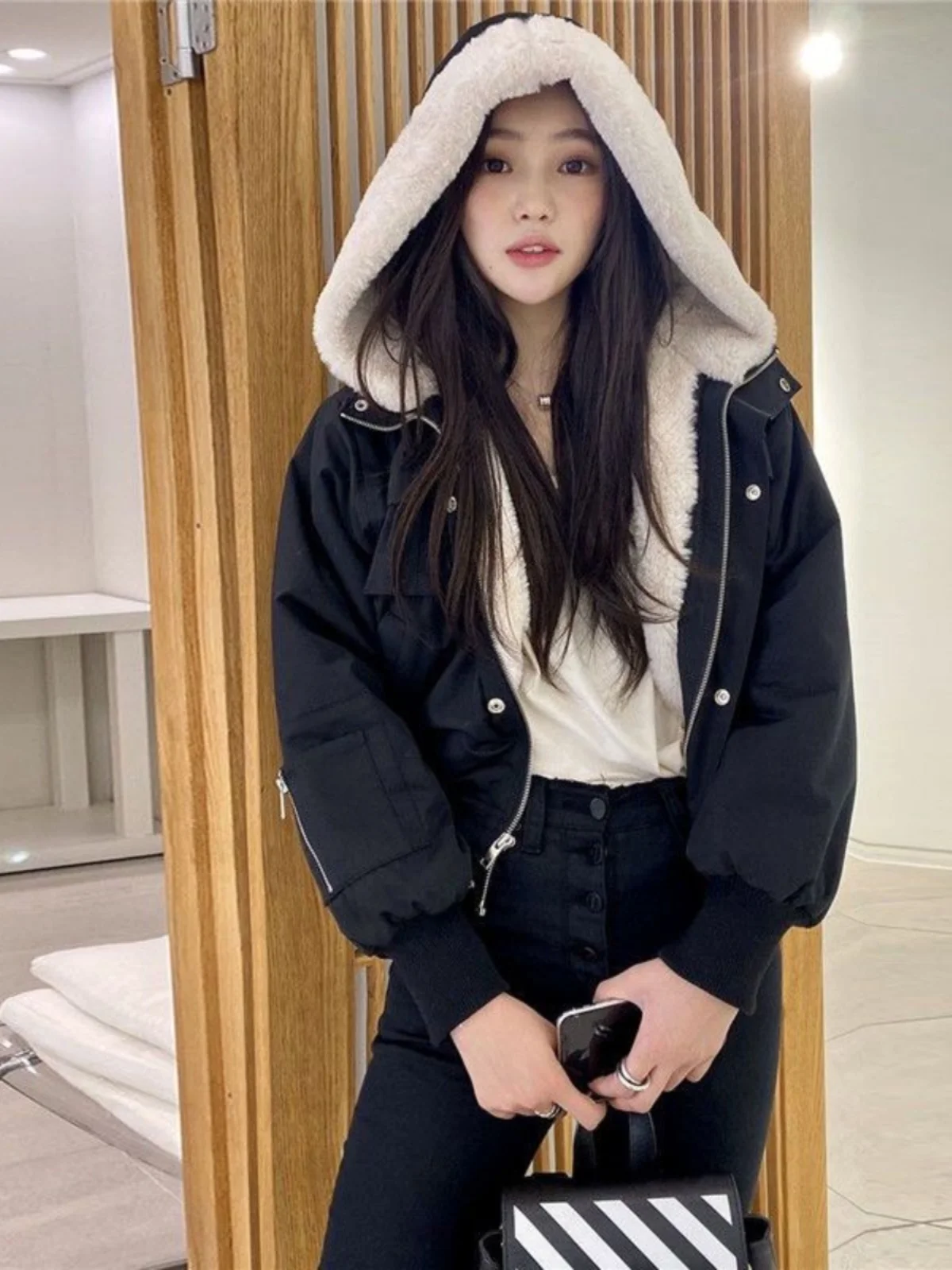 

Winter Thiened Fce Women's Parka Coat Waist-Cinching Korean Sle Cotton Jaet Long Sve Zipper ort Length Commute