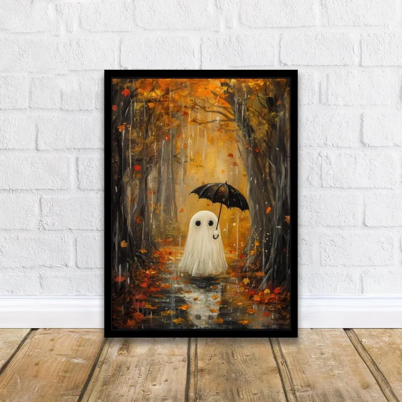 Ghost Black Umbrella Autumn Rainy Forest Wall Art Print Fall Leaves Spooky Halloween Woodland Scene Home Decor Unframed Canvas
