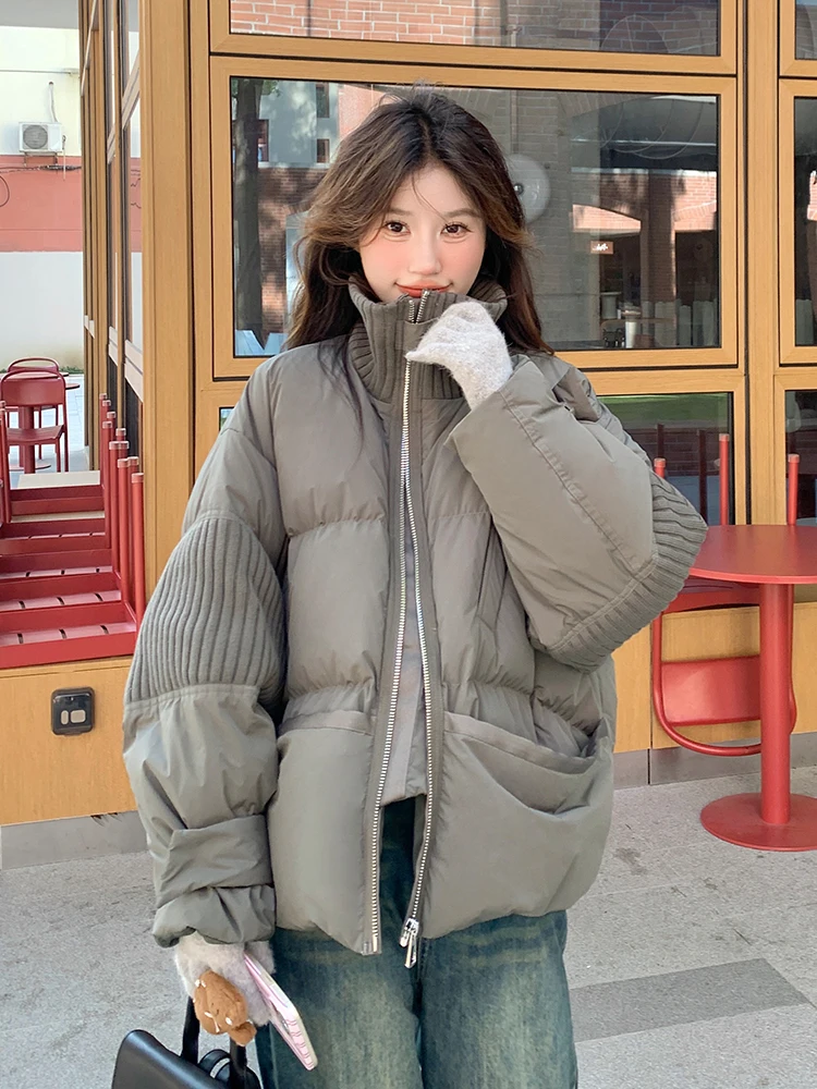 

plus Size Thiened Knitted Stand Collar Cotton Jaet Women's Winter Design Sense Bread Sle Outerwear Patchwork