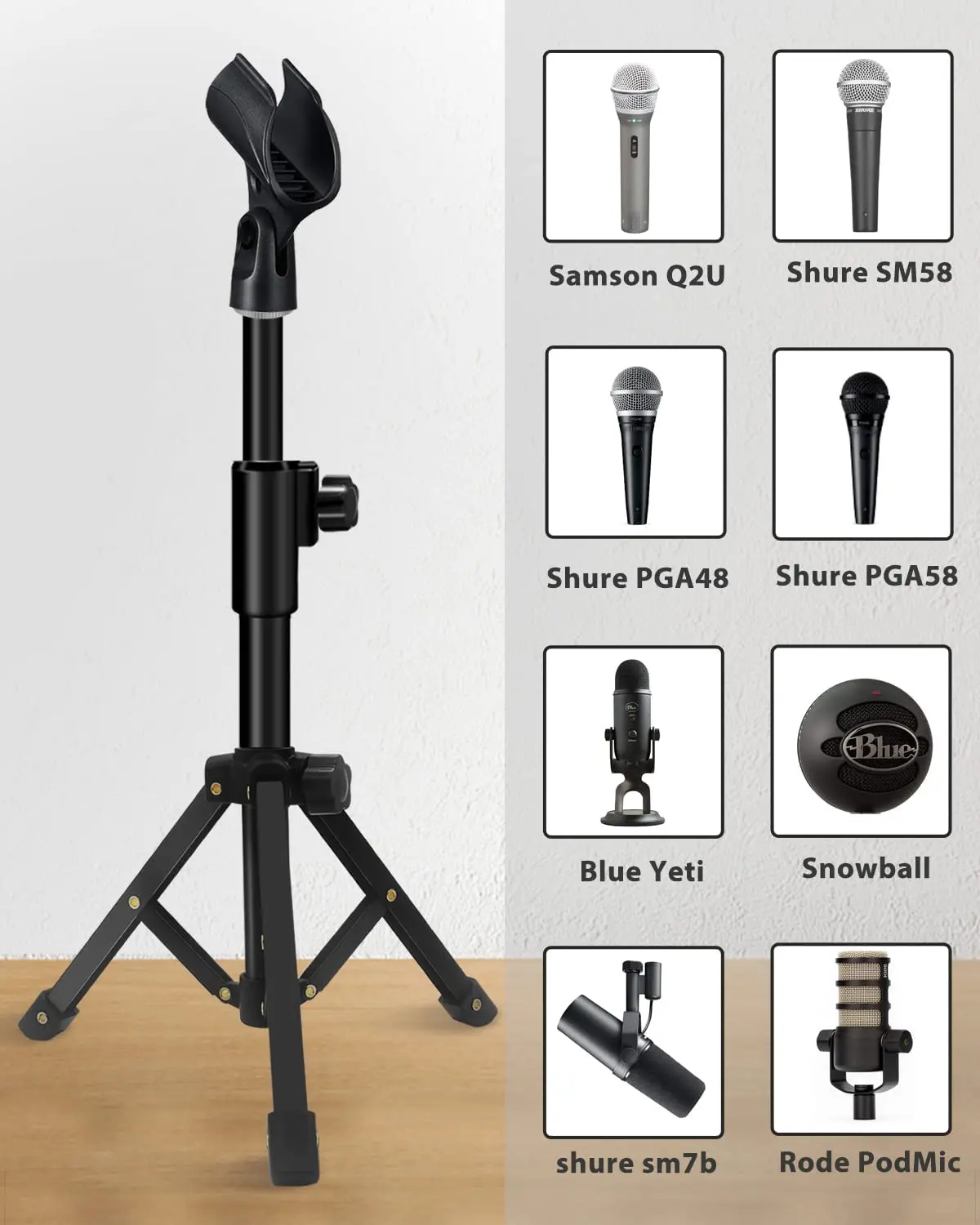 حامل ميكروفون محمول قابل للتعديل مع حامل ثلاثي القوائم لسطح الطاولة مع حامل مشبك ميكروفون لـ SM58، SM57، Samson