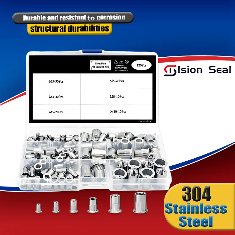 120 pz set Misto 304 dado rivetto in acciaio inossidabile M3 M4 M5 M6 M8 M10 Dado in acciaio al carbonio a testa piatta filettato Kit dado inserto