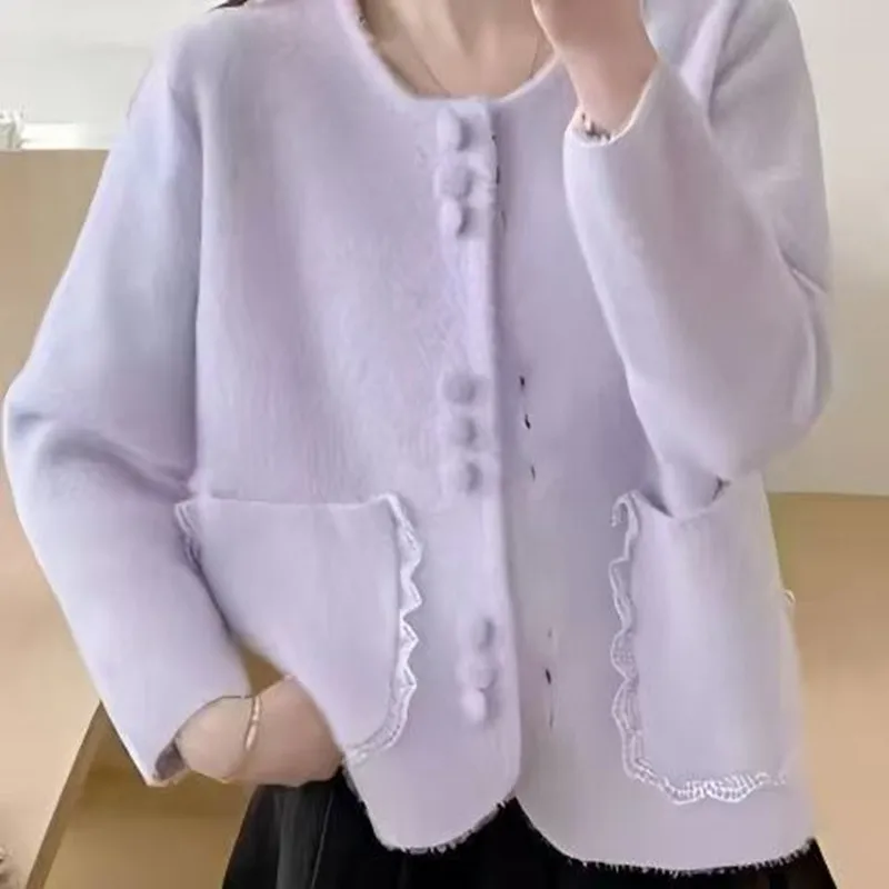 New Women's Imitation Mink Cardigan 2026 Autumn Winter Woman Knitted Cardigan Tops Female Korean Style Lace Elegant Jacket Coat