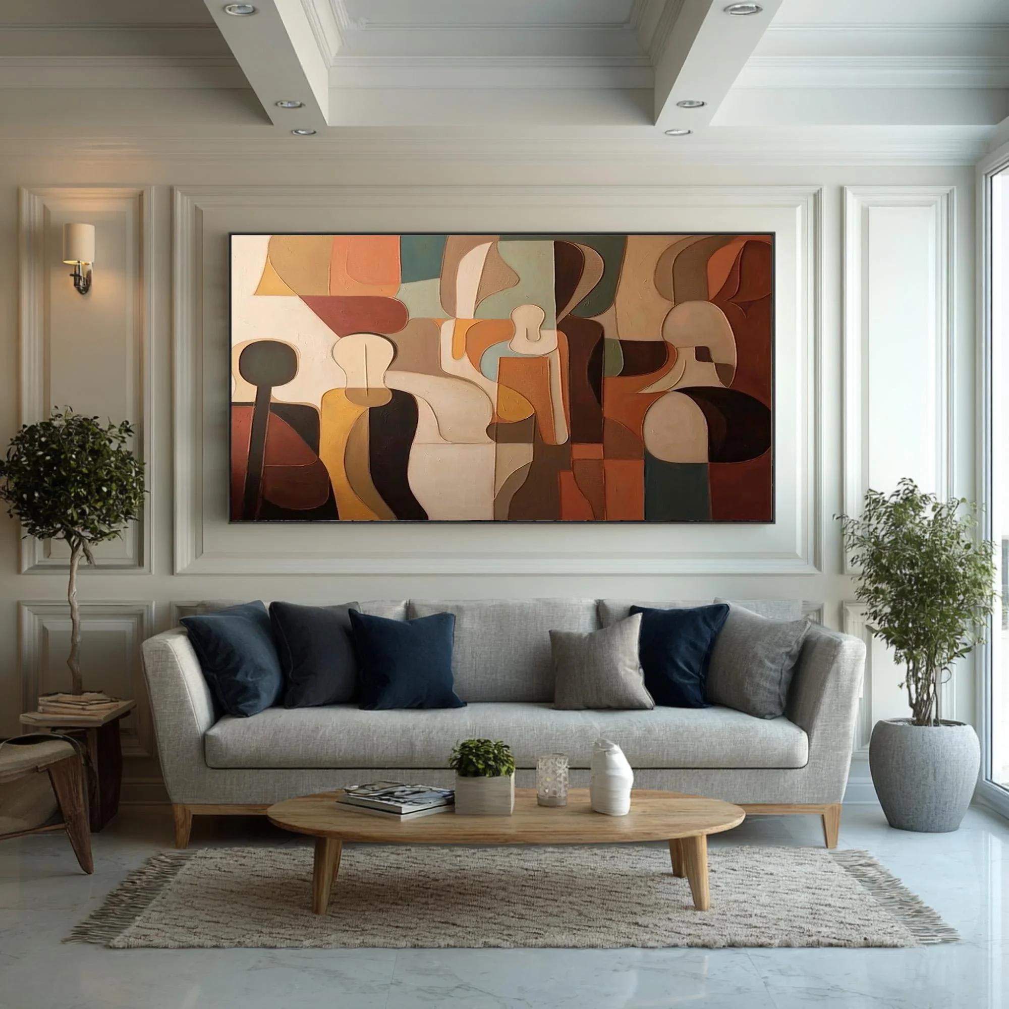 Mid Century Modern Abstract Geometric Painting Earth Tones Textured Canvas Wall Art Layered Decor