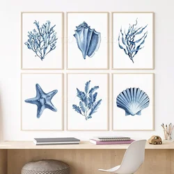 Watercolor Coral Seaweed Starfish Shell Conch Navy Blue Posters Prints Wall Art Canvas Painting Pictures For Living Room Decor