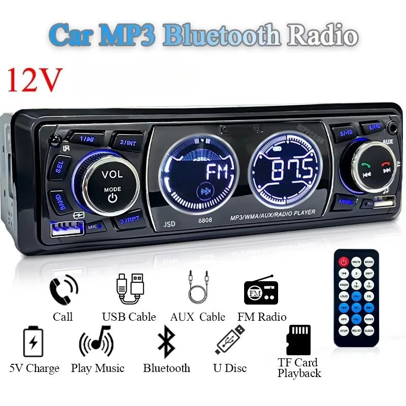Car Radio 1din Audio Bluetooth Stereo MP3 Player FM Receiver 60Wx4 Support Phone Charging AUX/USB/TF Card In Dash Kit