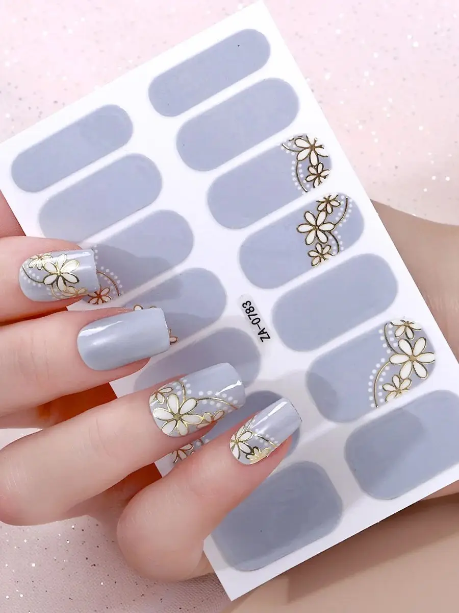 Autocollants pour ongles sans cuisson, 14 pointes, fleurs de printemps et d'été, bandes auto-adhésives pour décoration d'ongles, couverture complète, DIY bricolage