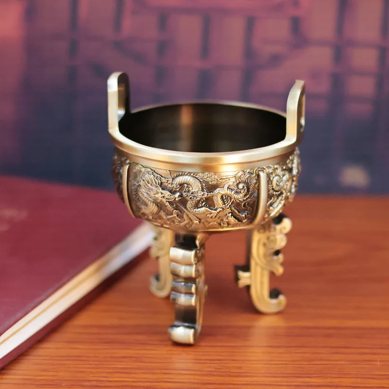 Chinese-Style Brass Double-Eared Tripod Bronze Incense Burner Relief Dragon Design, Available For Bulk Customization With L
