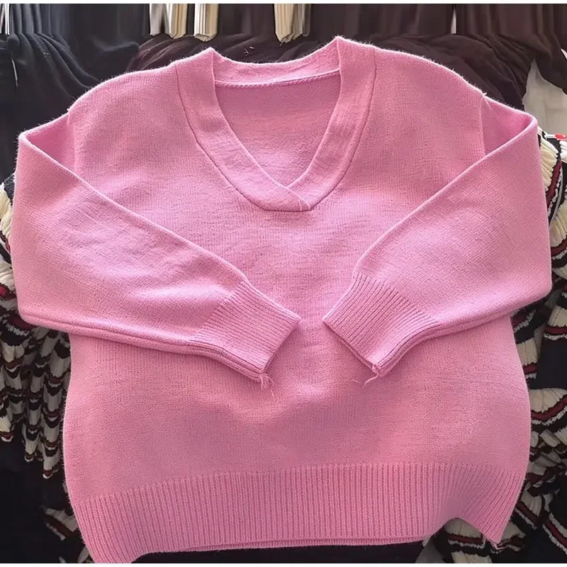 Damen-Strickwaren, V-Ausschnitt, langärmelig, Strickpullover, Herbst, einfarbig, locker geschnitten, Basic, vielseitig kombinierbar, Frühling, neue Streetwear-Kollektion. – Detail 3