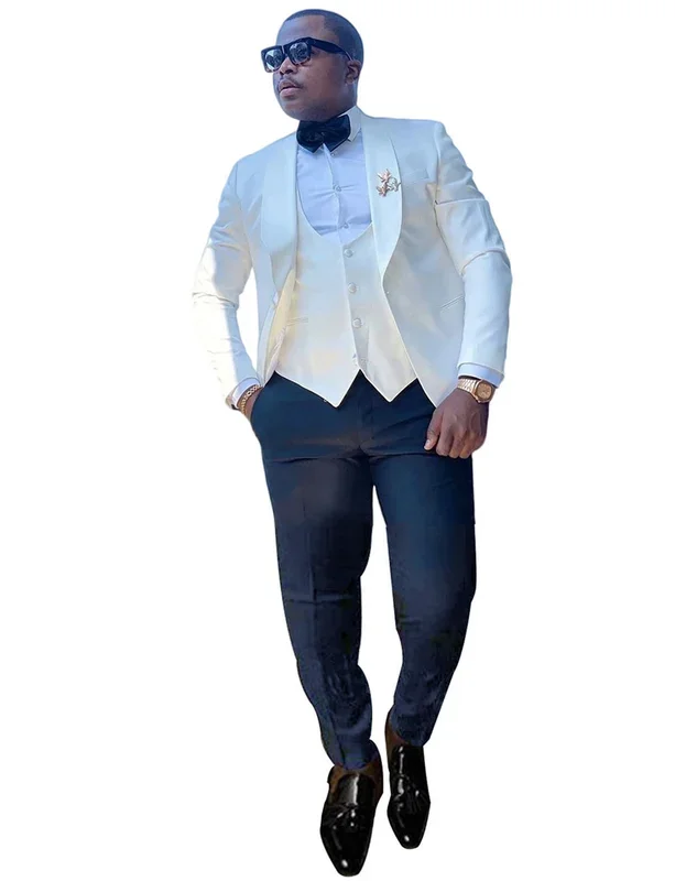 White Men\'s Shawl Lapel Three-Piece Wedding Suits Jacket Vest Pants Groom Prom Party Banquet Business Tuxedos