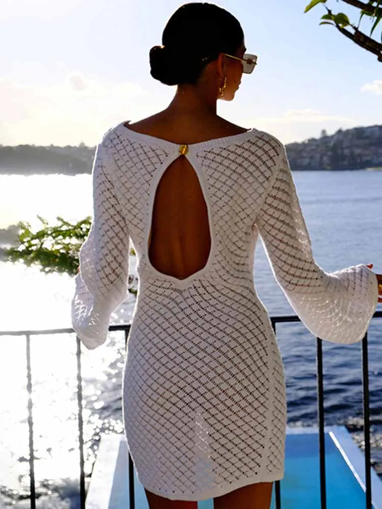 

BKQU вязаное пляжное мини-платье с открытой спиной и длинными рукавами, лето 2025, прозрачное бикини для отпуска, платья Y2k