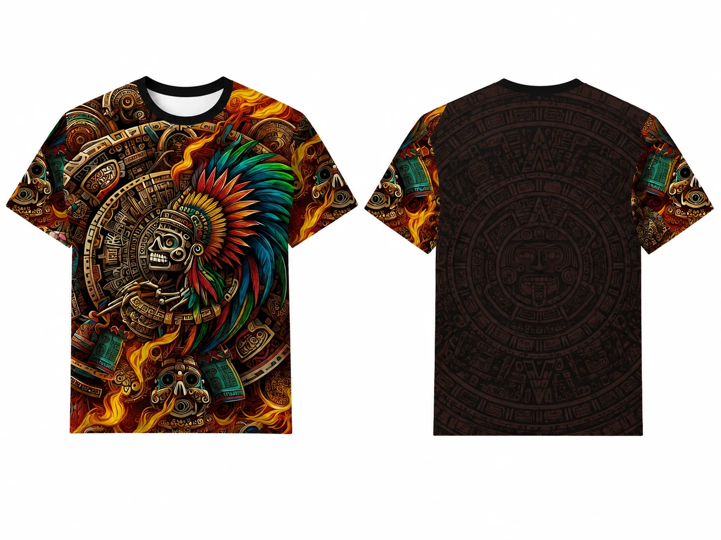 Aztec Mayan Skull Warrior Calendar Full Print Men T Shirt Mexican Culture Graphic Short Sleeve Tee