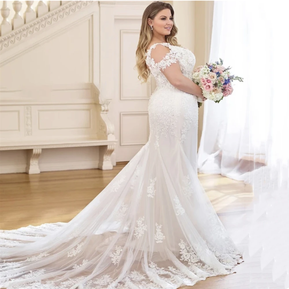 Abito da sposa a sirena su misura Appliques di pizzo maniche a goccia cinturini lunghi eleganti abiti da sposa avorio Plus Size abiti da sposa 2024