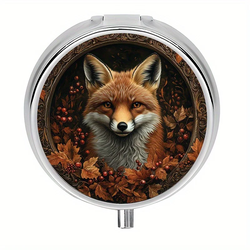 Single-pack, flat, round three-compartment pill box, autumn fox and maple leaf circular pattern design, medical supplies and equipment, elegant design, can be used as an exquisite gift, made of durable metal and plastic