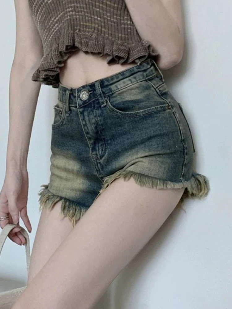 Denim Shorts Women Blue Retro High Waist Summer Thin Straight Korean Style All-match Slim Fit Design Streetwear Girls Popular