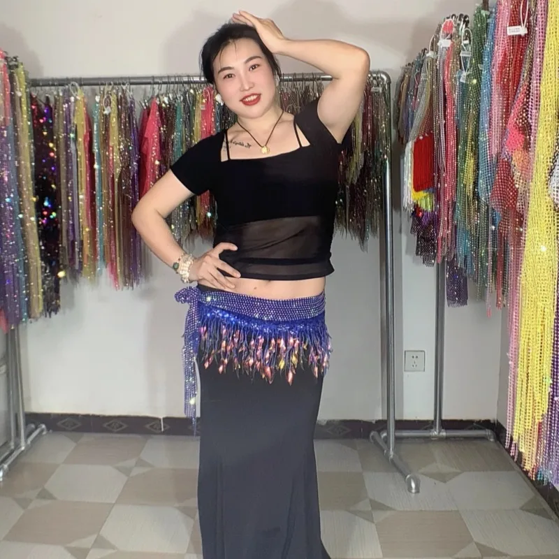 Customized New Belly Dance Belt Hip Scarf Xinglan Illusion Color Pure Handmade Butt Curtain Indian Dance Waist Chain Beginner