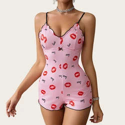 Sexy One-Piece Pajamas For Women Red Lip Print Bodycon Sleepwear Comfortable Milk Silk Home Clothes V Neck Ruffles Pyjama Set