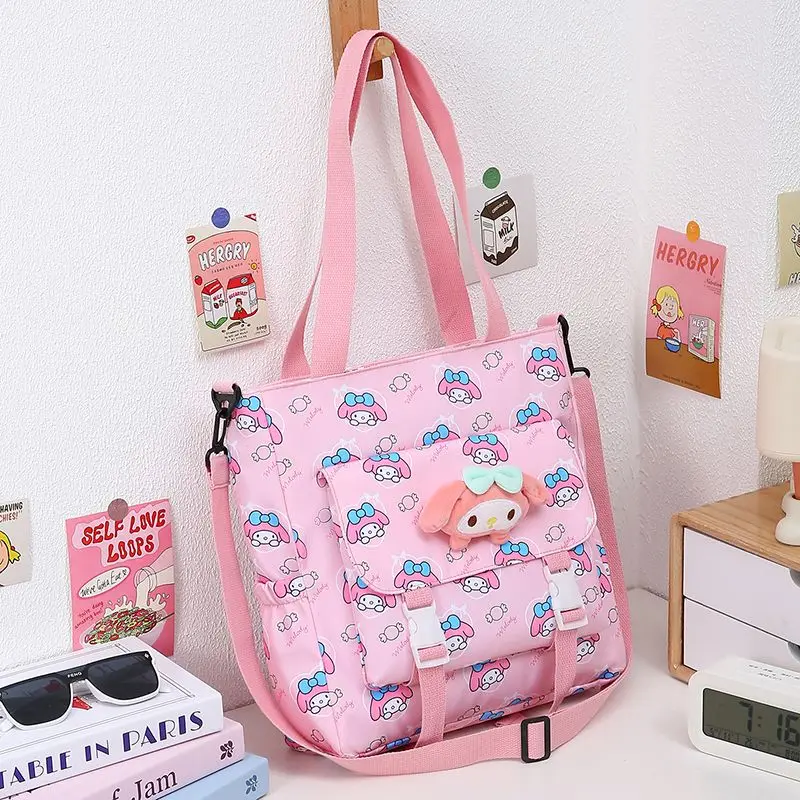 Kawaii Sanrios My Melody Kuromi Dual-Use Canvas Bag Cartoon Cinnamoroll Student Tuition Bag Tote Shoulder Handbag Casual Daily