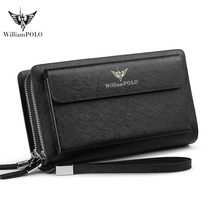 Brand Men Clutch Bag Fashion Leather Long Purse Wallet Black Blue Male Casual Handy Bag Double Zipper Business RFID