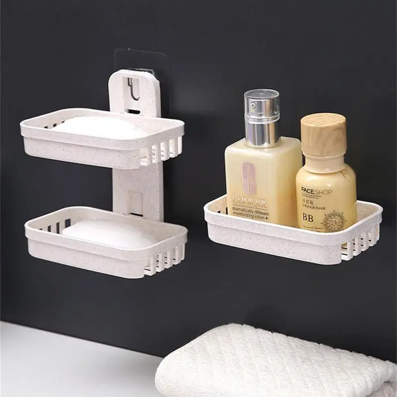 2/5PCS Wall Mounted Double Layer Soap Dish Holder Punch-Free Drawer Draining Holder Kitchen Sponge Storage Box Bathroom