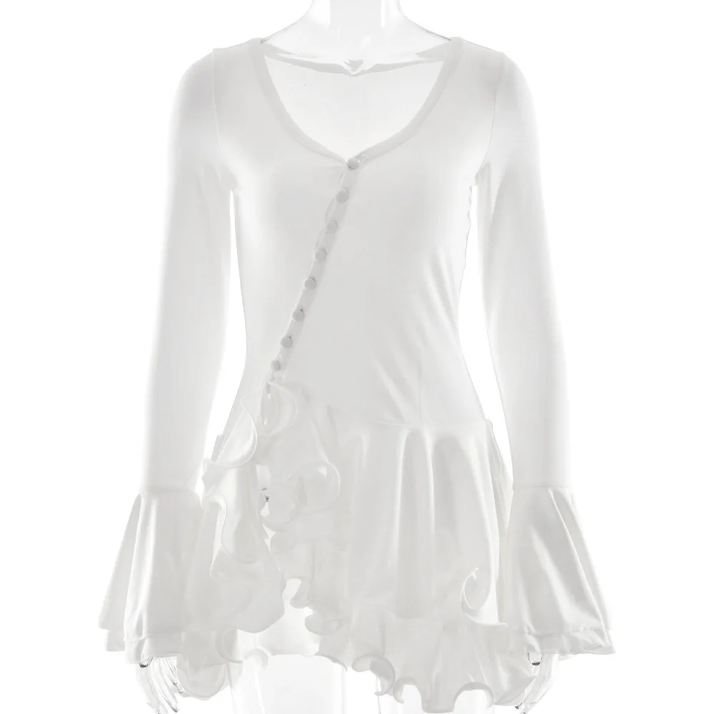 

Sexy Chic Flare Long Sleeves Short Ruffles Dress White With Buttons