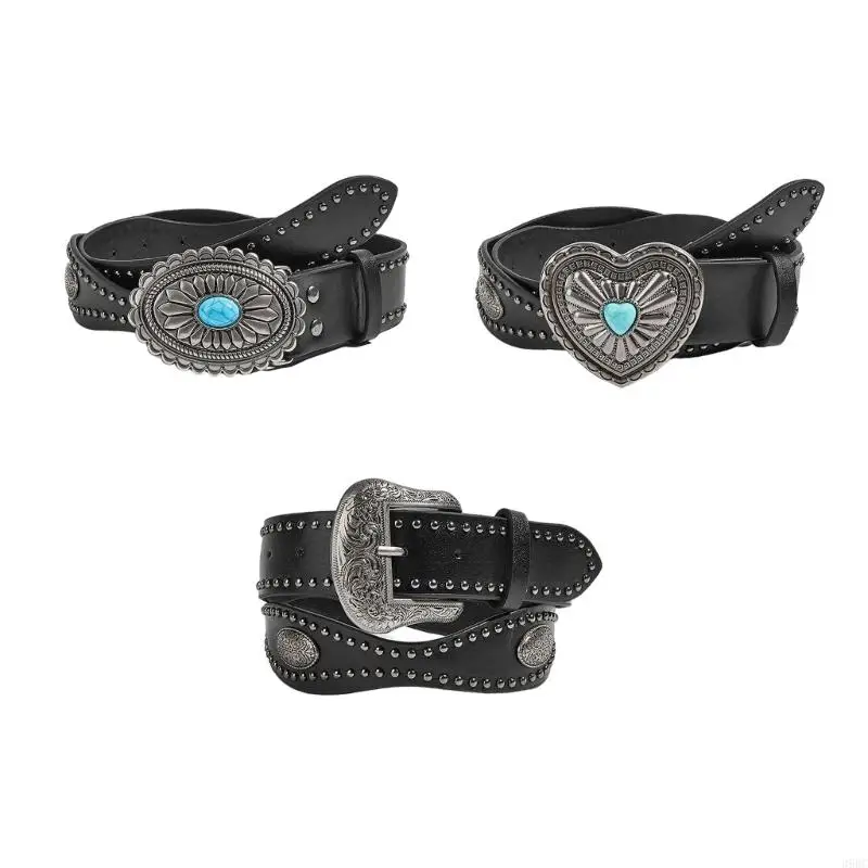 

39BC Edgy Studded Belt with Heart Shaped Buckles Flexible Sizing PU Leather for Daily Outfits Parties