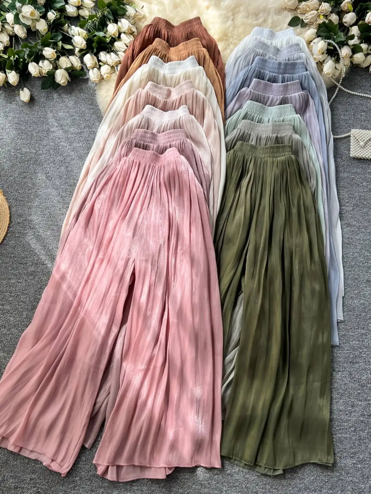 

Women Beach Pants Casual Elastic Waistband Loose Wide Leg Pants Summer Thin Chiffon Pants