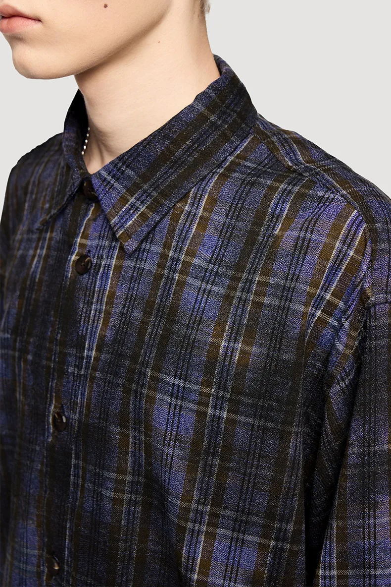 Fashion City Men Loose Clothing Stained Grid Pattern Shirt