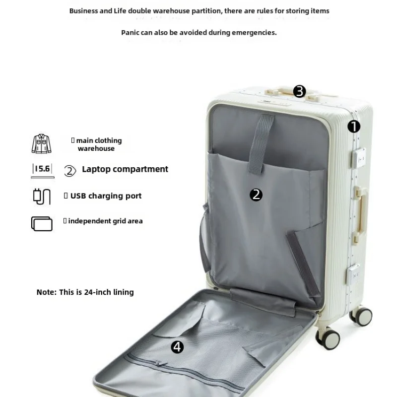 Multifunctionele Aluminium Frame Luggagepcfront Opening Trolley Koffer Wachtwoord Koffer Universele Wiel Instaptas