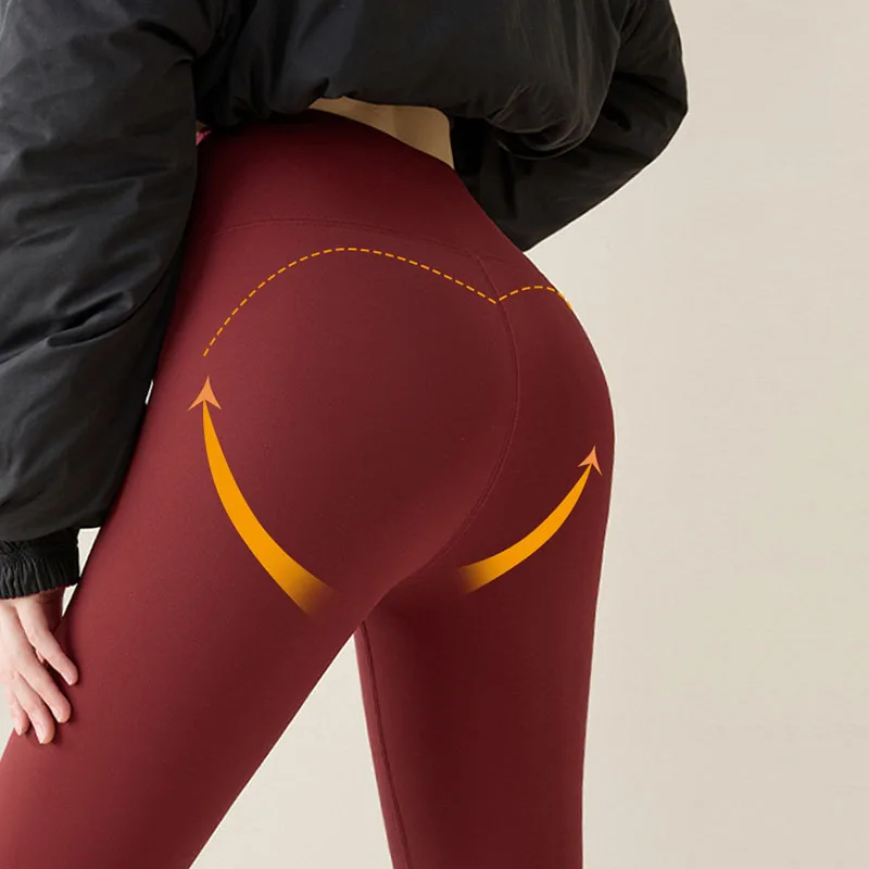 Leggings da donna in pile caldo autunno inverno velluto addensato leggings elastici attillati a vita alta streetwear moda pantaloni di pelle di squalo rosso