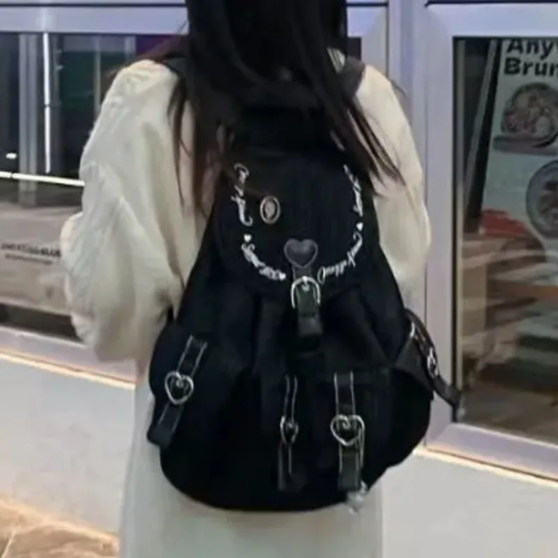 

Y2k Women Backpack With Multiple Pockets Checkered Metal Heart Embroidered Lettering Drawstring Large Capacity Streetwear Trend