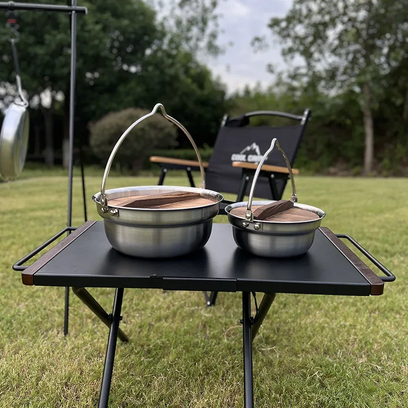 

Outdoor Camping Portable 304 Stainless Steel Camping Pot 3 Layer Hot Pot Campfire Hanging Pot Barbecue Wooden Cover Portable Pot