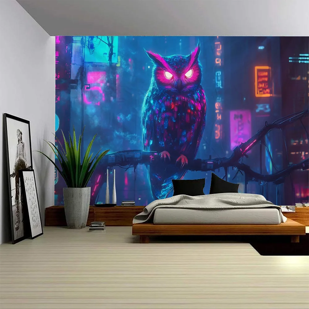 

Owl Art Tapestry Animal Polyester Wall Hanging Fabric Home Decoration Peacock Lion Cat Bedroom Background Poster