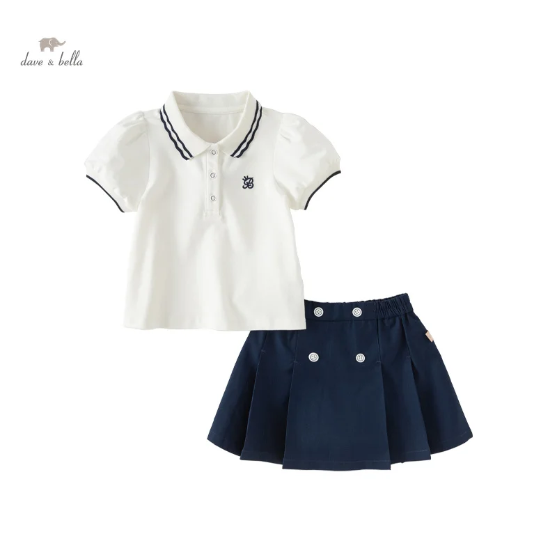 Dave Bella Girl\'s Suit 2024 New Summer Children Two-Piece Set Short Sleeves Pleated Skirt Casual Sweet Academic-Style DB2241216