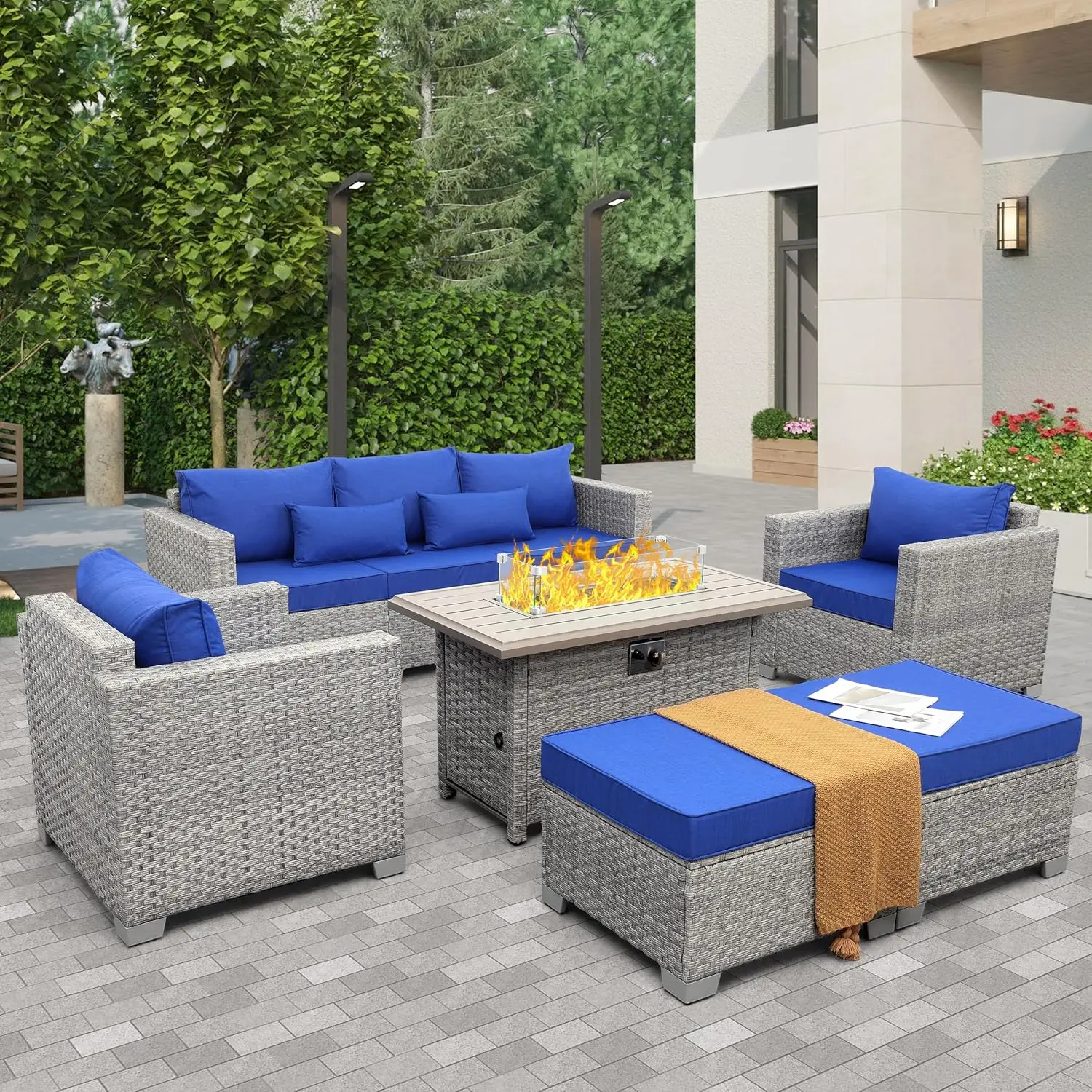 

Patio Furniture Set 6 Piece Grey Wicker Outdoor Furniture Sectional Sofa Couch PE Rattan Conversation Sets with Fire Pit Table