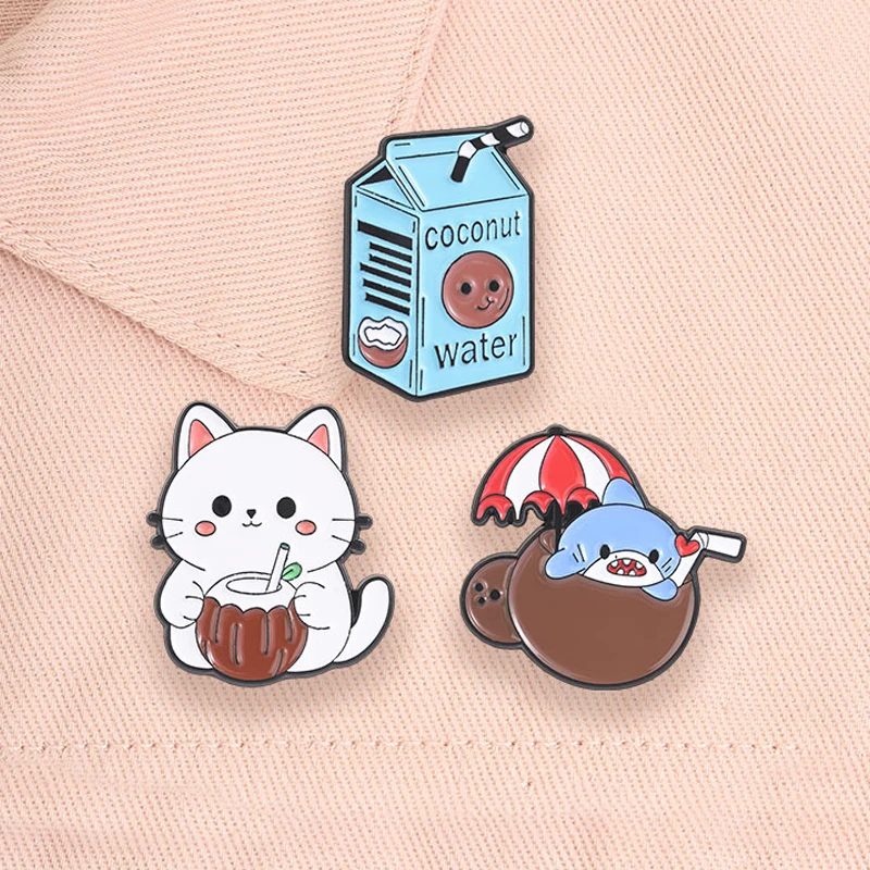 Cartoon Summer Coconut Drink Enamel Pin Cute White Cat Shark Beach Ice Cube Shell Vacation Vibes Brooch Lapel Badge Jewelry Gift