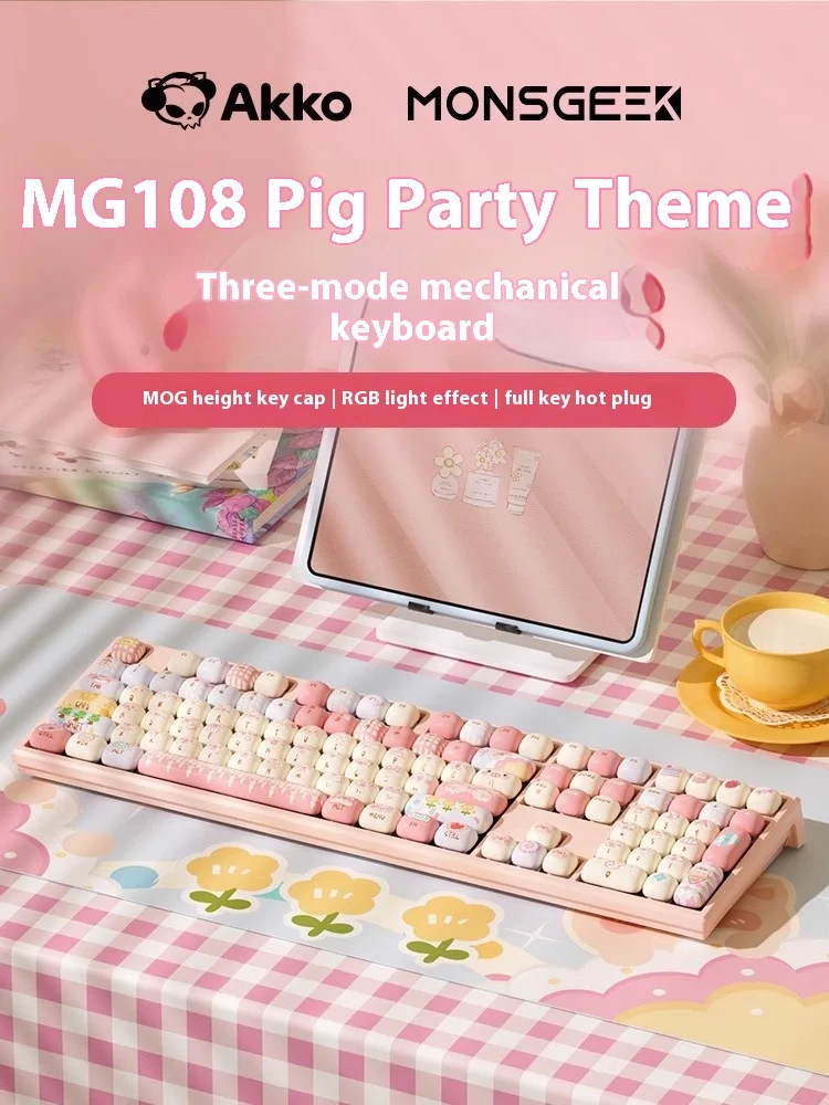 AKKO MG108B Pig Party Mechanical Keyboard 3 Mode RGB Hot Swap Wireless Bluetooth Cute MOG Game Office Mechanical Keyboard Custom