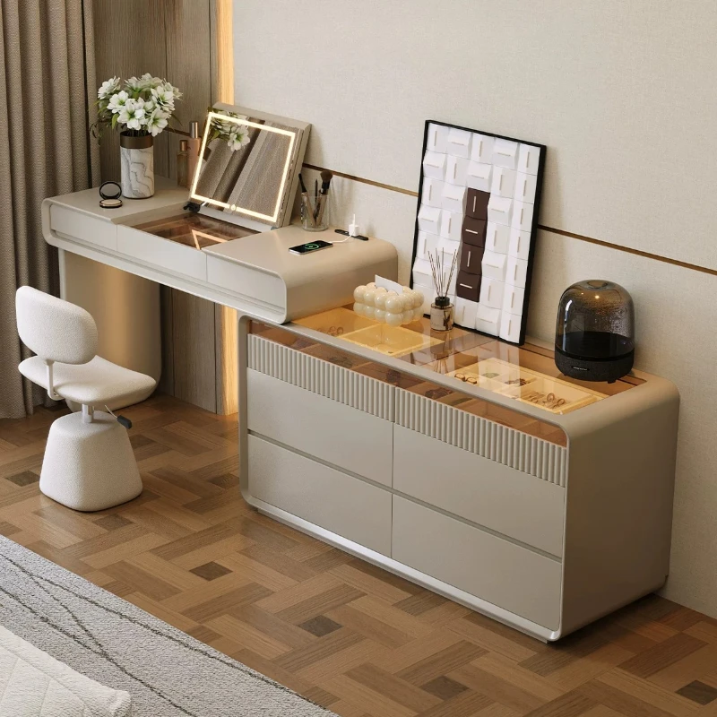 Modern Wooden Flip Top Vanity Desk with Chest of Drawers Hidden LED Makeup Mirror Fingerprint Lock Storage Dresser for Bedroom