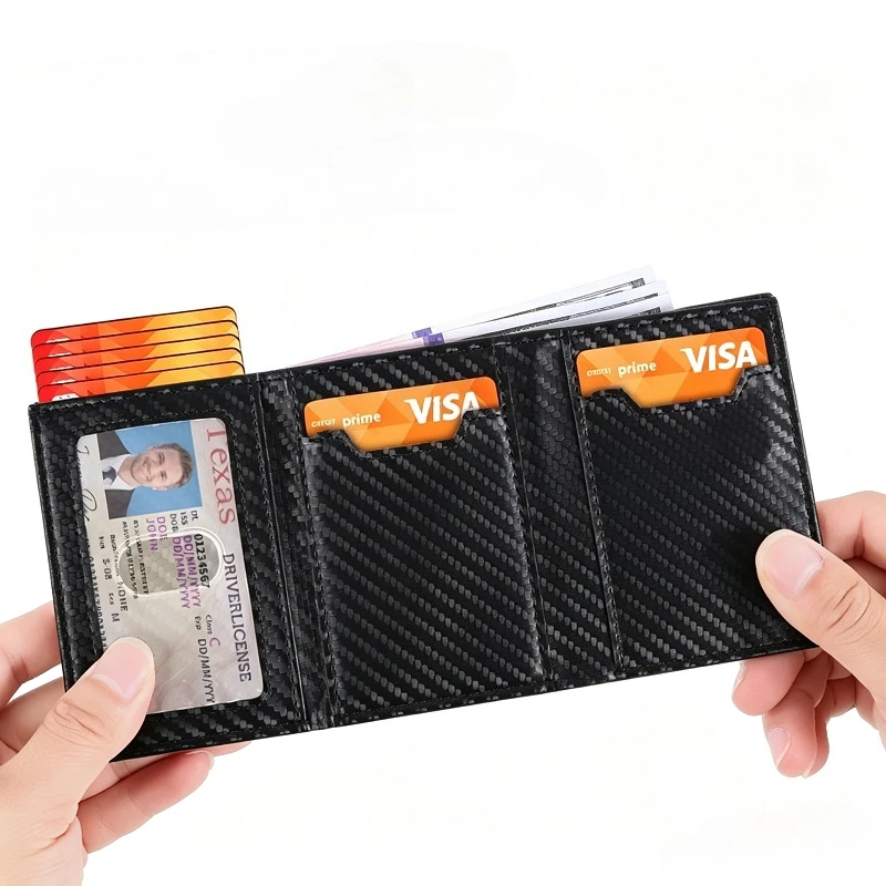 Carbon Fiber Pop Up Card Wallet, Large Capacity Trifold Credit Card Holder with Zipper Coin Compartment for Guys Daily Carry