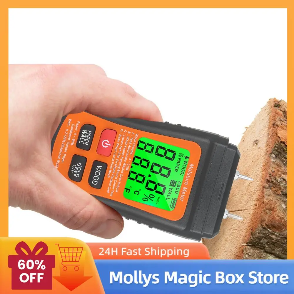 2Pin Wood Digital Moisture Meter W/ Backlit LCD Ygrometer Timber Damp Detector for Building Material Firewood Walls Paper Floor