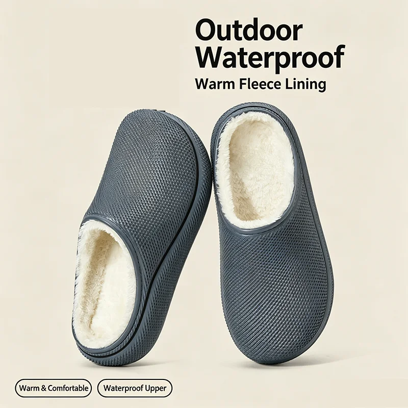 Winter Waterproof Warm Fleece Slippers for Men Women Textured Upper Non-slip Indoor Outdoor Home House Shoes