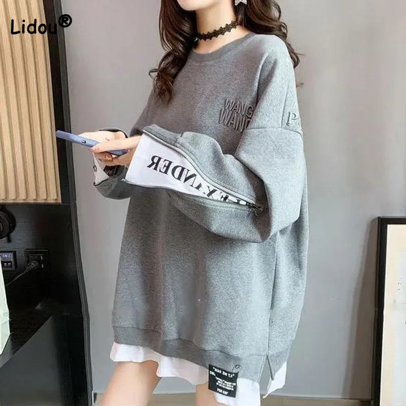 

Casual Zipper Spliced Fake Two Pieces Sweatshirts Women's Clothing Fashion Letter Printed Loose Round Neck Pullovers Female