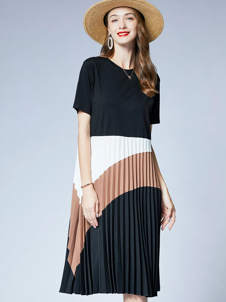 High-End plus Size Women's Summer New Loose Slimming Tummy Covering Faionable Plaid Pleated Dr Street Sle round Ne M...