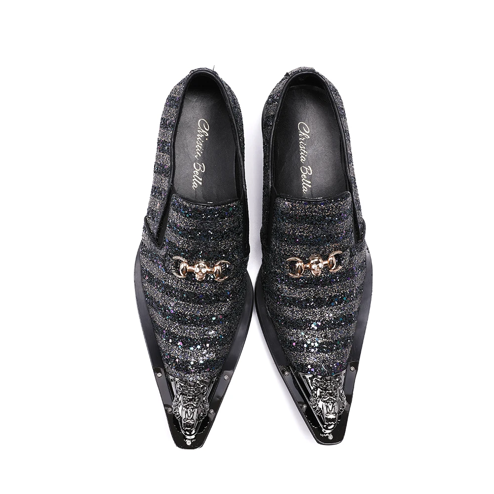 Christia Bella Shiny Sequins Stripe Men Party Oxford Shoes Metal Pointed Toe Men Wedding Dress Shoes Genuine Leather Men Shoes