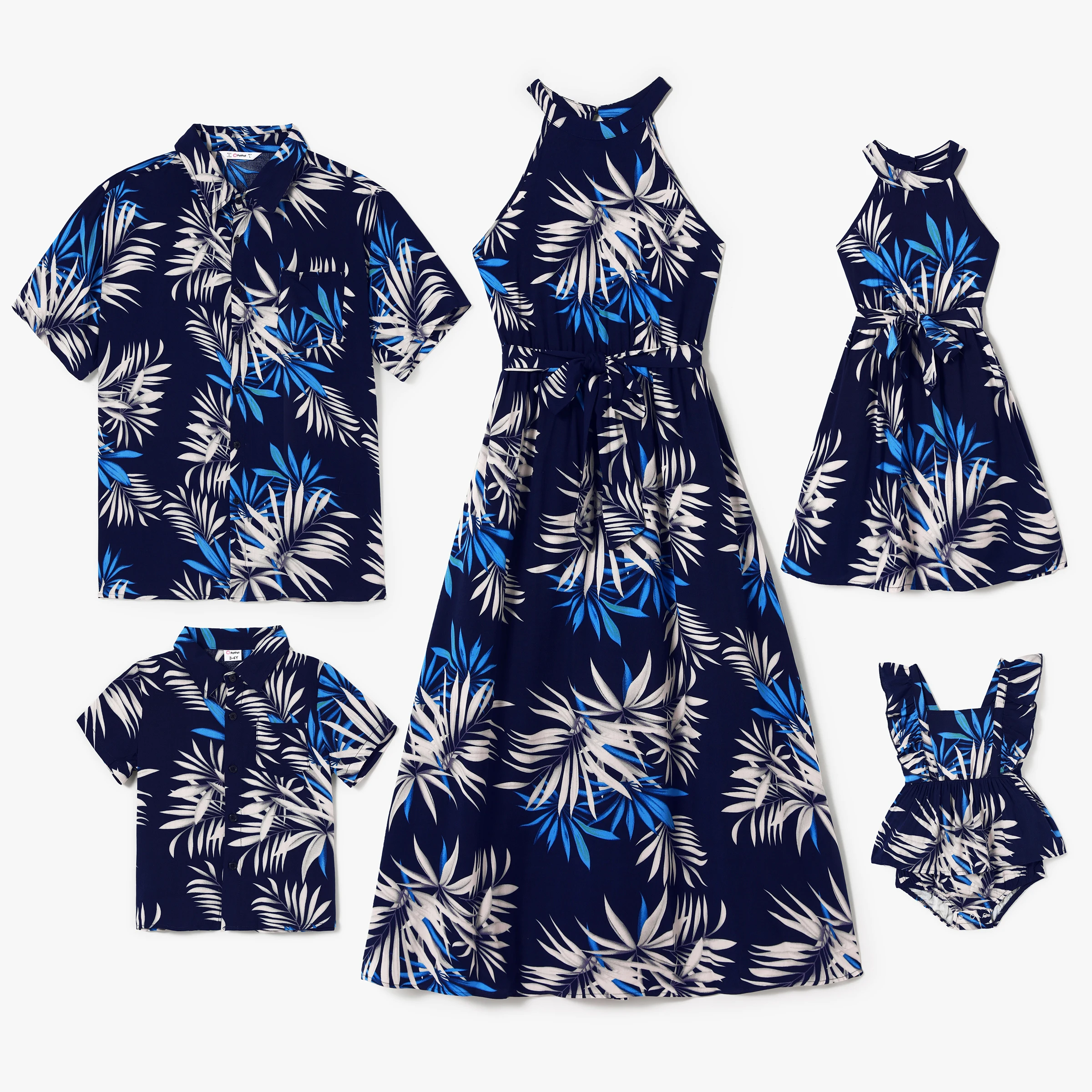 PatPat Family Matching Leaf Print Beach Shirt and High Neck Halter A-Line Maxi Dress Sets