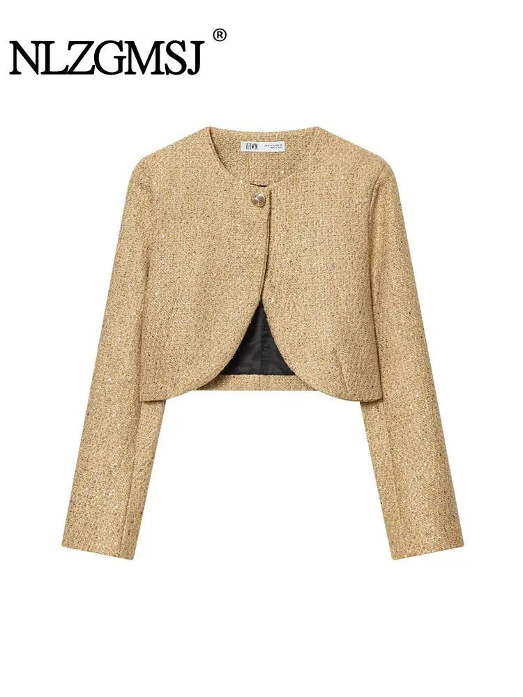 NLZGMSJ سترات نسائية أنيقة غير رسمية عتيقة مع ترتر أزرق سادة ورقبة دائرية معاطف قصيرة موضة جديدة لخريف 2025 سترات أنيقة للعطلات #1