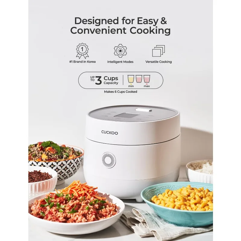 CUCKOO Rice Cooker 3 Cup Uncooked / 6 Cup Cooked, Modern Fuzzy Logic Rice Cooker Small with Delay Timer & Keep Warm Setting
