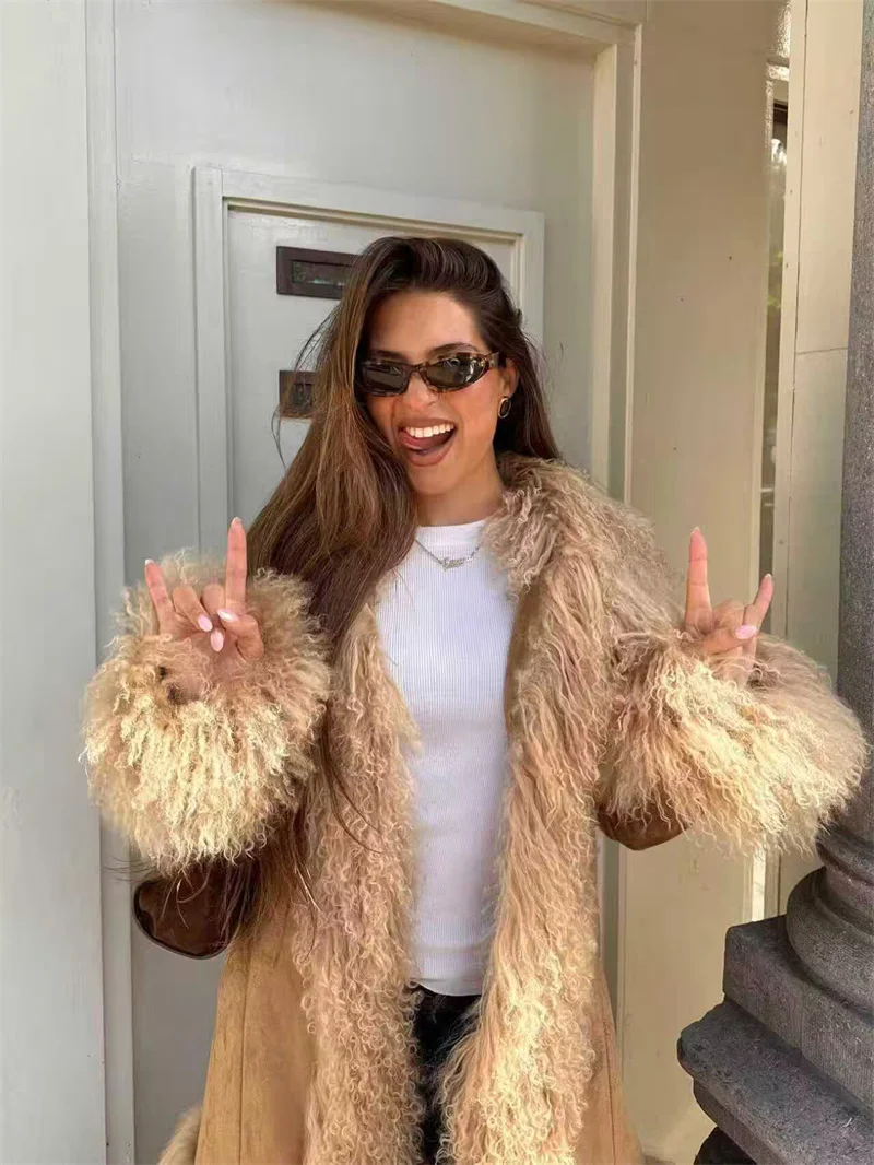 Abrigo elegante de lana de retales de piel sintética para mujer, abrigos largos lisos de manga larga con solapa para mujer, prendas de vestir femeninas a la moda para Otoño e Invierno