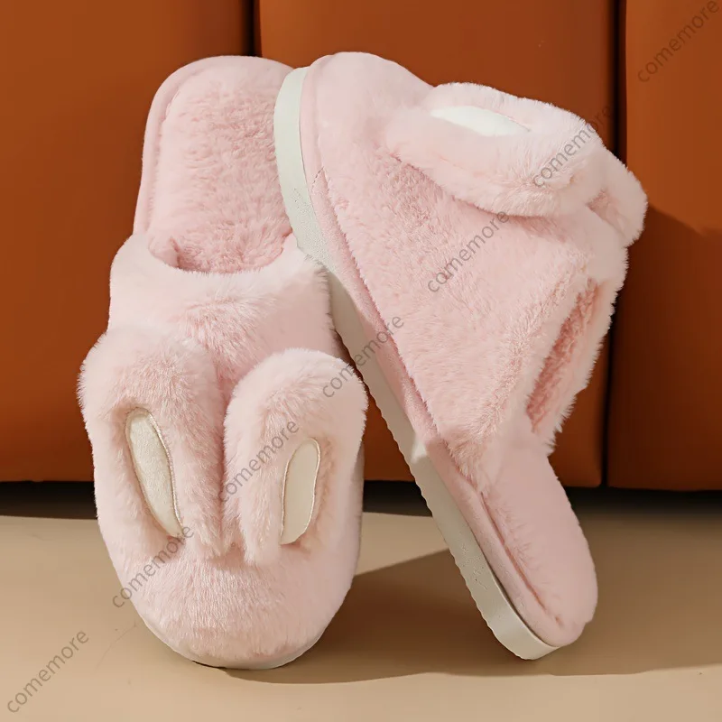 

Cute Plush Rabbit Ear Home Slippers Shoes for Women Student Fluffy Slippers Winter Bedroom Soft Padded Indoor Kawaii Girls Shoes