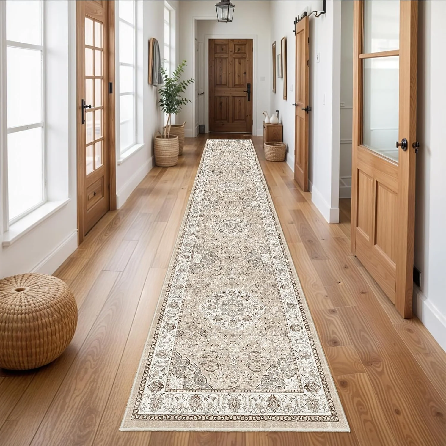 VIKAMA Vintage Medallion Runner Rug Neutral Beige Floral Pattern Non Slip Washable Kitchen Hallway Long Floor Carpet Decor
